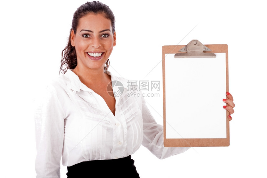 可爱的女士带着空白的剪贴板在色孤立的背景上图片
