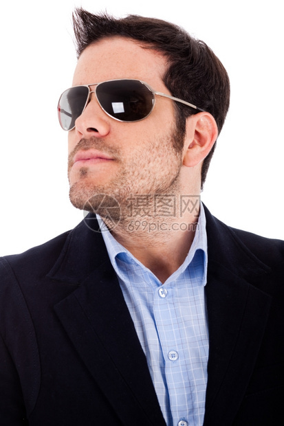 关闭一个有墨镜的商人白色背景的太阳镜图片