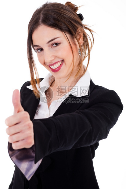 商业妇女用孤立的白色背景露出拇指图片
