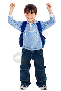 男孩举起手双穿着孤立背景的学校包图片