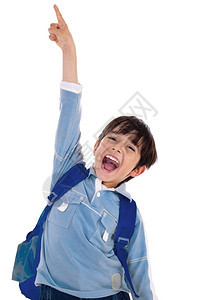 年轻学校男孩在孤立的白色背景上兴奋地喊叫和举起手来图片