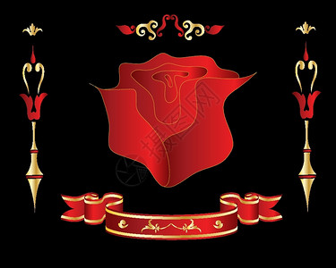 红色旋转丝带黑色哥特背景的亮红玫瑰花插画