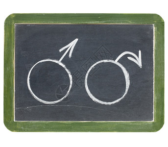 男更年期或勃起问题概念黑板上白粉中的两个男别符号高清图片