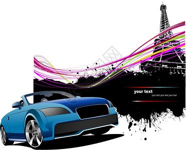 具有巴黎图象背景的蓝色轿车矢量插图图片