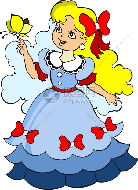 穿蓝裙子的美丽小公主矢量插图图片
