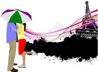在巴黎埃菲尔塔背景上用雨伞接吻一对夫妇矢量插图背景图片