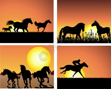 日落背景集的马矢量插图图片