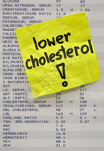 低胆固醇含有血液测试结果的打印上黄色提醒注释图片