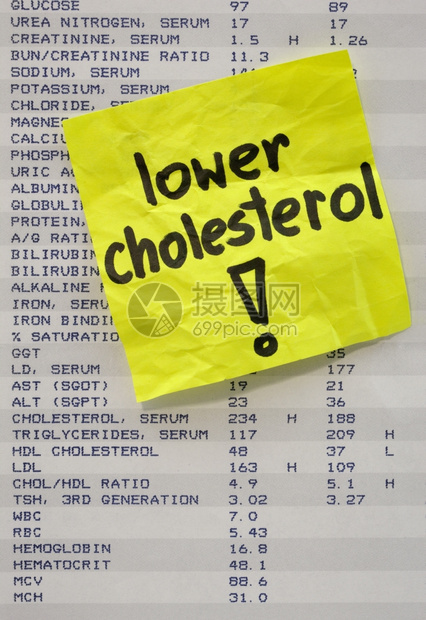 低胆固醇含有血液测试结果的打印上黄色提醒注释图片