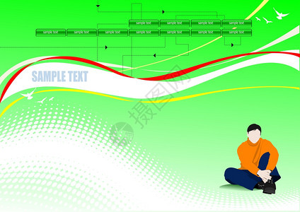 绿色背景有线条和正坐男孩图像页面或网站背景图片