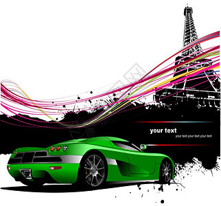 具有巴黎图像背景的绿色运动车背景图片