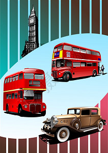 RetroBroun汽车和两辆伦敦双Decker大客车图片