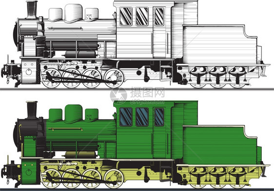 画在草图中的旧列车侧边视图在黑色变异白支持下容易孤立的白色支持图片