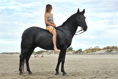 海滩上美丽的黑马和女人图片