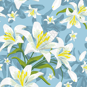 蓝色百合花复古无缝矢量花朵图案矢量设计元素背景背景图片