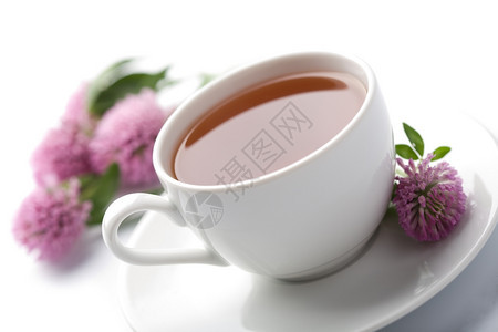白杯草药茶和鲜花图片