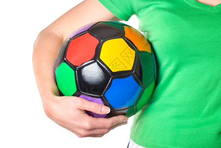 女孩的彩色足球以白背景孤立的手图片