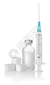 白底隔离的胰岛素糖和注射器图片