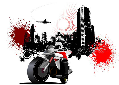 城市背景的摩托车矢量插图图片