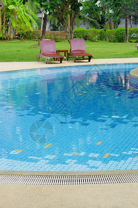 带椰子树和白伞的热带游泳池图片