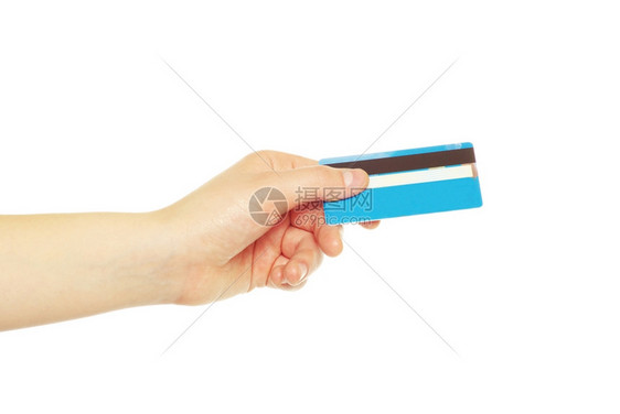 手持信用卡在白色上被孤立图片