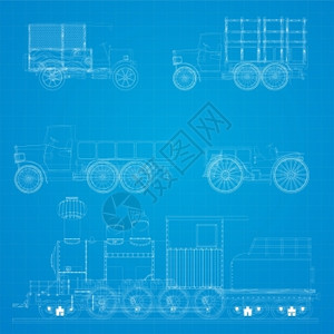 旧运输车辆和蒸汽机蓝图设计图片