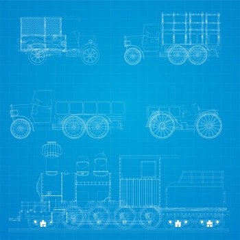 旧运输车辆和蒸汽机蓝图设计图片