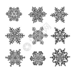 真正的雪花宏观结构变形和被画成可装饰的使用形状一组九种形式图片