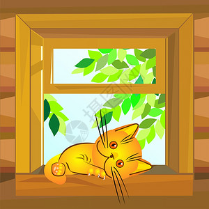 夏日的红猫躺在窗台上的在开着的木制农舍图片
