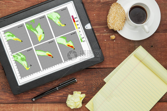 用计算机模型拟烟羽流在数字平板电脑上用咖啡杯和笔记本查看图表图片