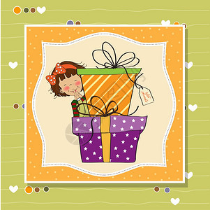 藏在礼物盒后面的可爱小女孩生日快乐贺卡图片