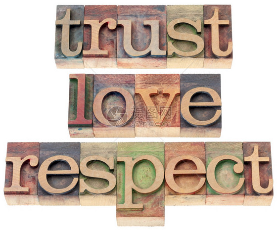 信任爱尊重文字关系概念单页文字用印刷木制图片