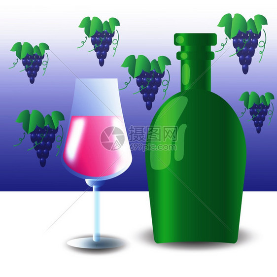绿色瓶子和葡萄酒杯的彩色插图用于设计图片