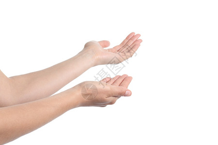 无忧无虑,信心美丽的女人手邀请来孤立在白色背景的背景