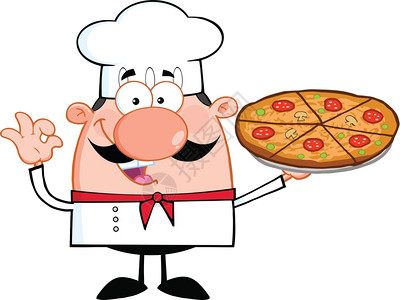 可爱的小厨师卡通字符持有比萨派图片