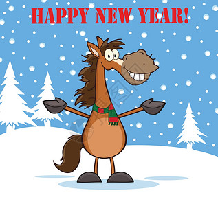 新年快乐与笑马卡通斯科特字符横越冬季风景图片