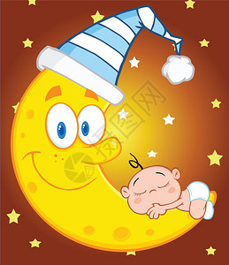 可爱的宝贝男孩睡在微笑的月亮上图片