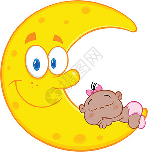 矢量月亮可爱的女婴睡在月亮上插画