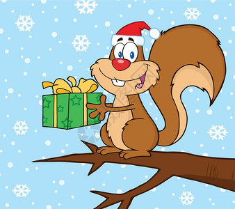 快乐的松鼠在雪中拿着礼物图片