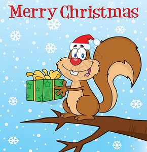 快乐的松鼠在雪中拿着礼物图片