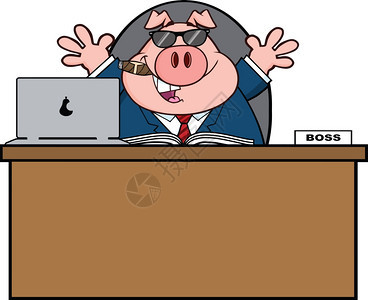 商人Pig卡通带墨镜桌子后面的Cigar图片