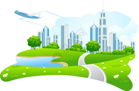 洋甘菊卡通绿色城市自然景观插画