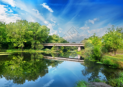 森林里河边的大石桥背景图片