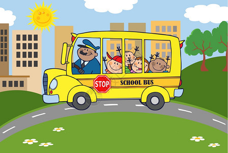 卡通可爱的孩子们坐在校车上图片