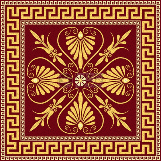 传统的古金方形希腊装饰品Meander和黑色背景的花卉模式图片