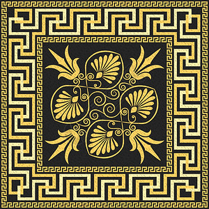 传统的古金方形希腊装饰品Meander和黑色背景的花卉模式图片