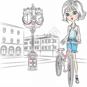 美丽的时装女在市广场上骑自行车时钟图片