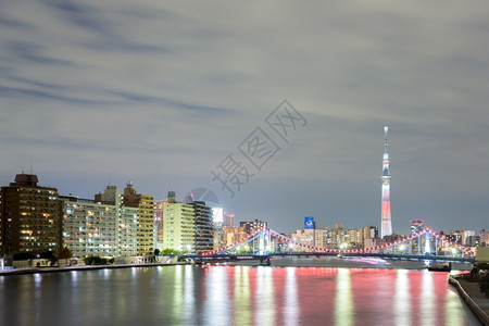 东京市风景和天边晚上沿河图片