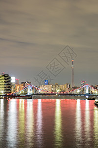 东京市风景和天边晚上沿河图片