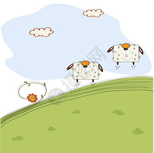 两只快乐的羊在草地上跳跃矢量插画图片